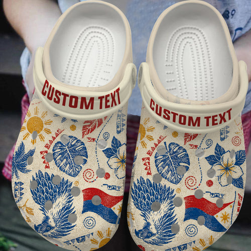 Philippines Filipinos Clogs Shoes Eagle Sun Flag Tropical Floral Vintage Stamp Style