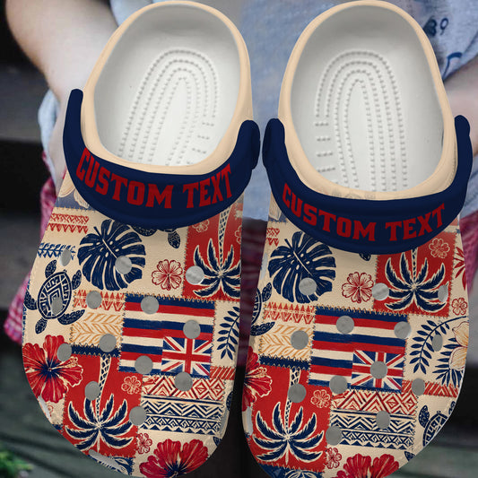 Hawaii Clogs Shoes Custom Text Aloha Flag Tropical Floral Tribal Patchwork Style