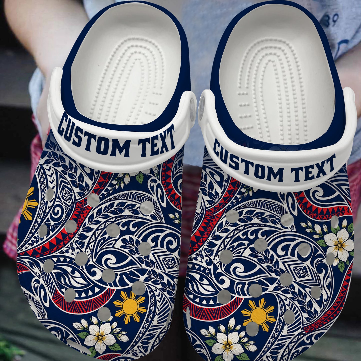 Philippines Filipinos Clogs Shoes Custom Text Polynesian Philippine Sun and Flower