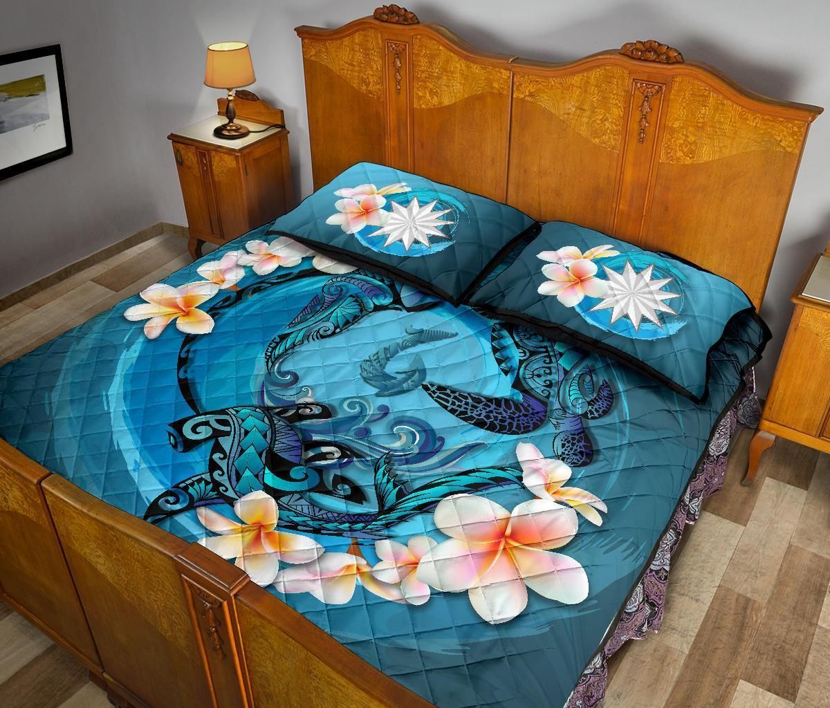 Nauru Polynesian Quilt Bed Set - Blue Plumeria Animal Tattoo