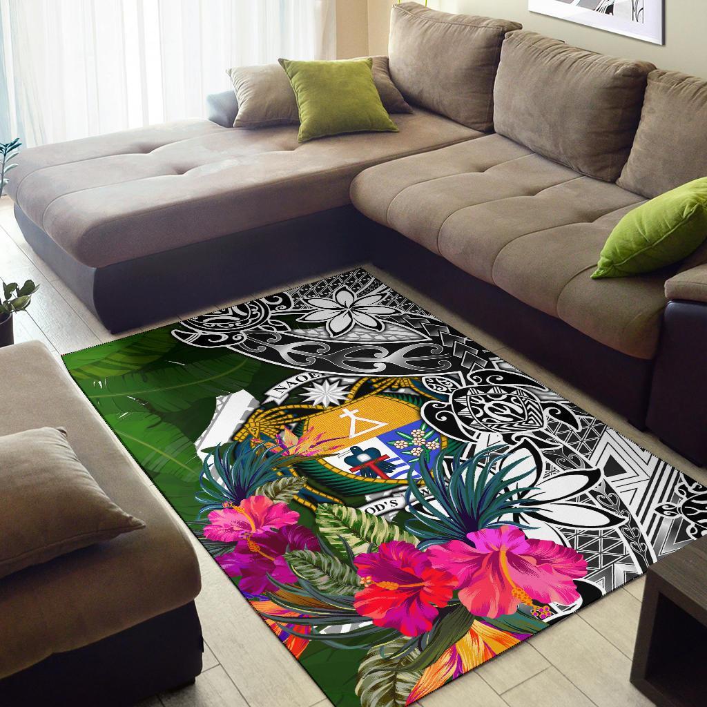 Nauru Area Rug White - Turtle Plumeria Banana Leaf Crest