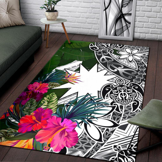 Nauru Area Rug White - Turtle Plumeria Banana Leaf