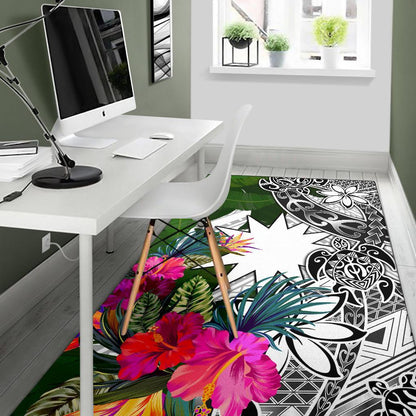 Nauru Area Rug White - Turtle Plumeria Banana Leaf
