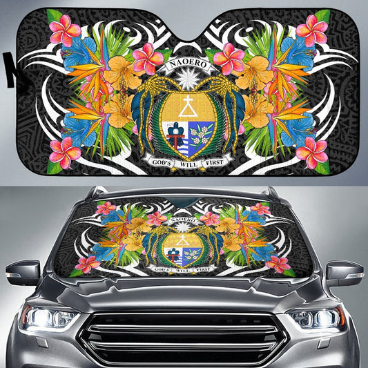 Nauru Auto Sun Shades - Coat Of Arms With Tropical Flowers