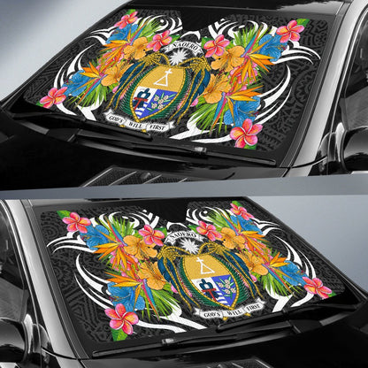 Nauru Auto Sun Shades - Coat Of Arms With Tropical Flowers