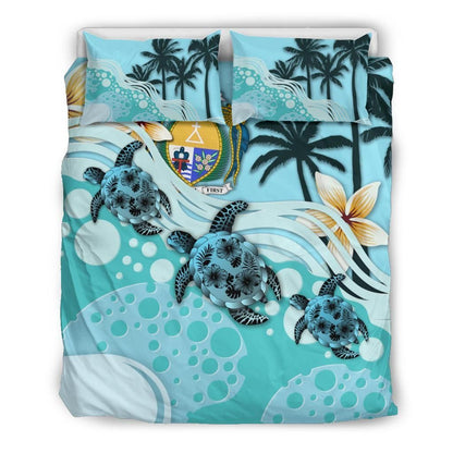 Polynesian Duvet Cover Set - Nauru Bedding Set Blue Turtle Hibiscus