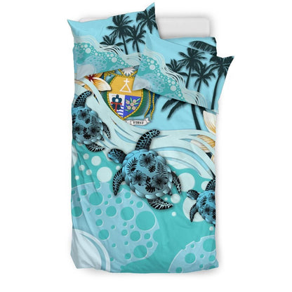 Polynesian Duvet Cover Set - Nauru Bedding Set Blue Turtle Hibiscus