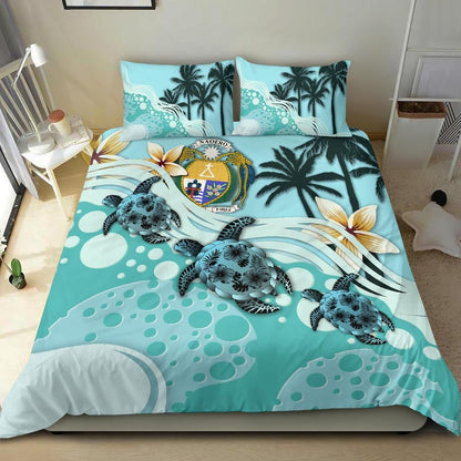 Polynesian Duvet Cover Set - Nauru Bedding Set Blue Turtle Hibiscus