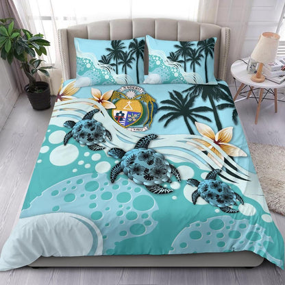 Polynesian Duvet Cover Set - Nauru Bedding Set Blue Turtle Hibiscus