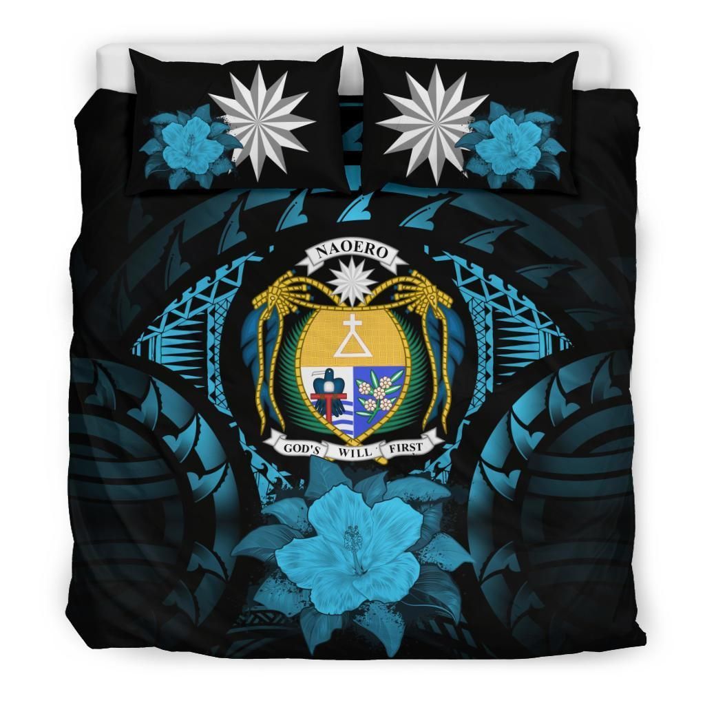 Nauru Duvet Cover Set - Nauru Coat Of Arms & Blue Hibiscus