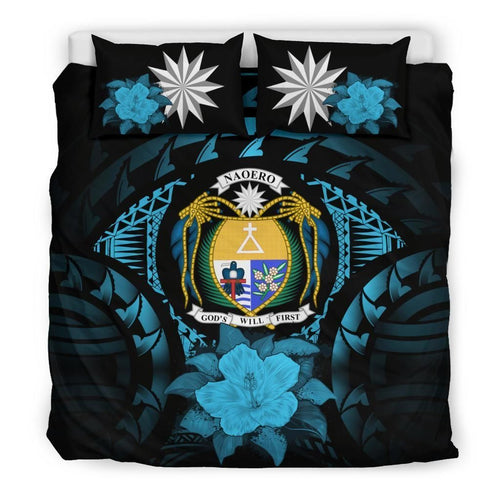 Nauru Duvet Cover Set - Nauru Coat Of Arms & Blue Hibiscus