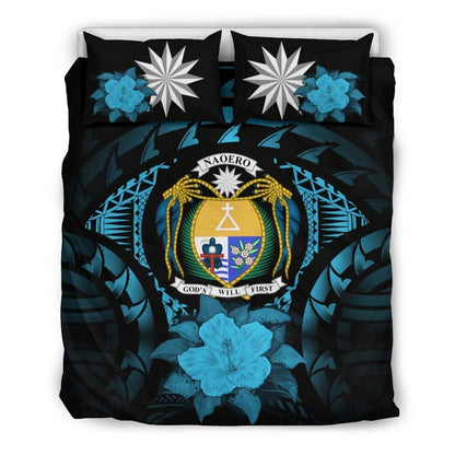 Nauru Duvet Cover Set - Nauru Coat Of Arms & Blue Hibiscus