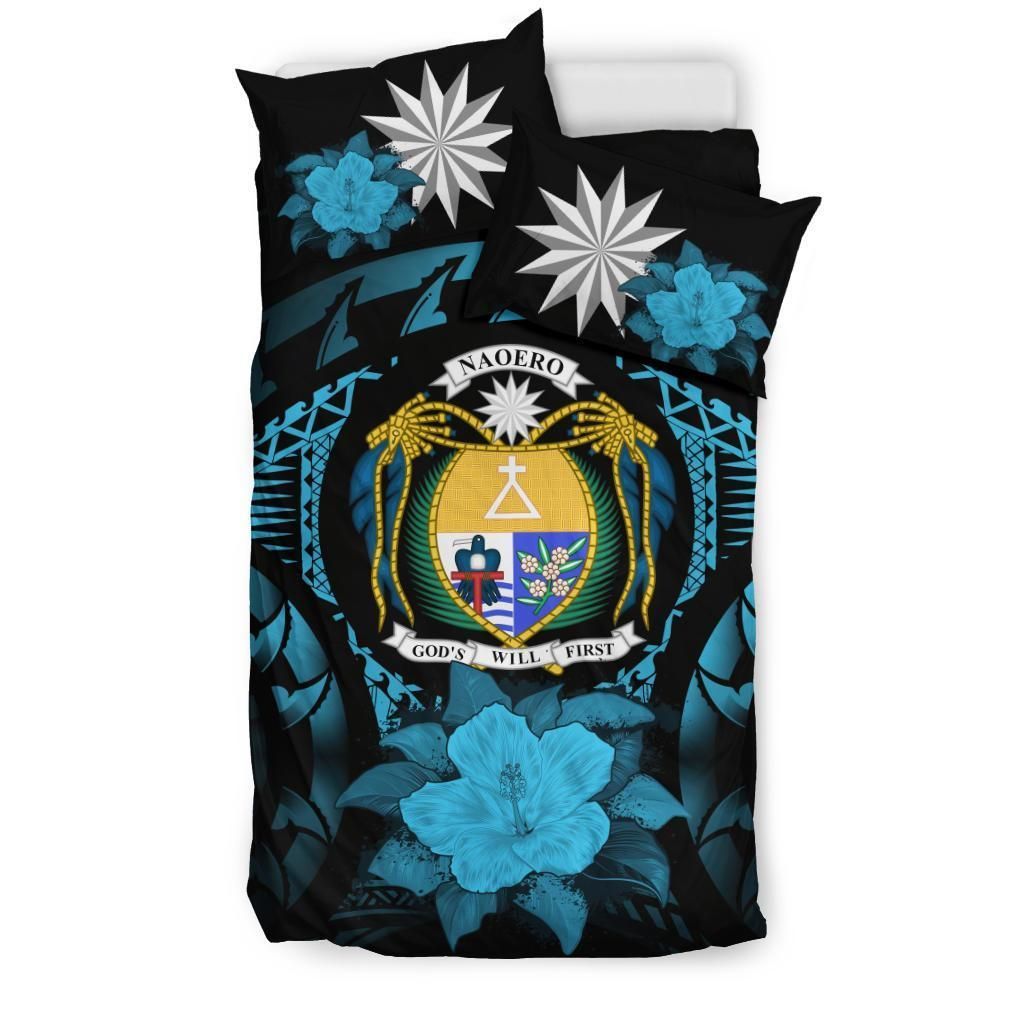 Nauru Duvet Cover Set - Nauru Coat Of Arms & Blue Hibiscus