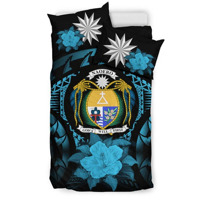 Nauru Duvet Cover Set - Nauru Coat Of Arms & Blue Hibiscus