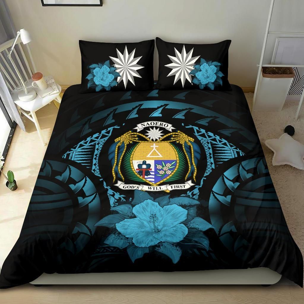 Nauru Duvet Cover Set - Nauru Coat Of Arms & Blue Hibiscus