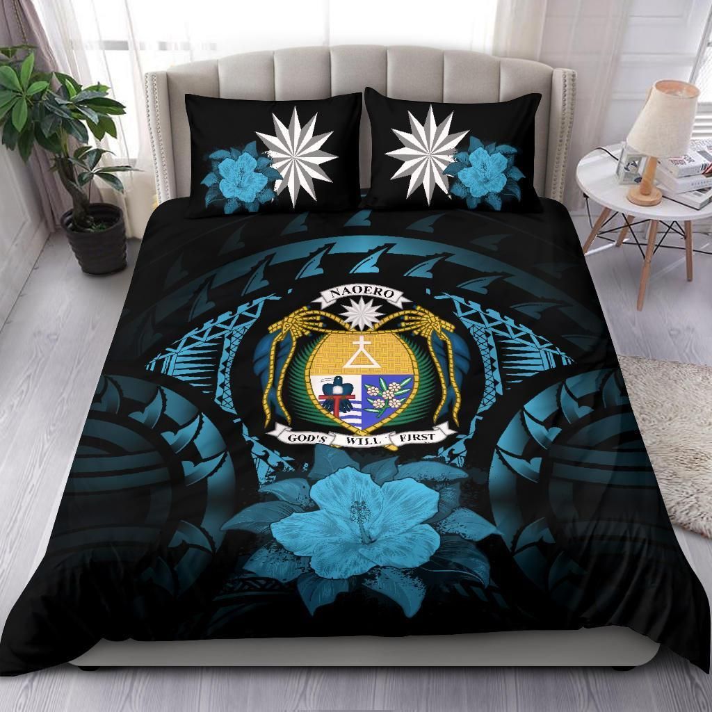 Nauru Duvet Cover Set - Nauru Coat Of Arms & Blue Hibiscus