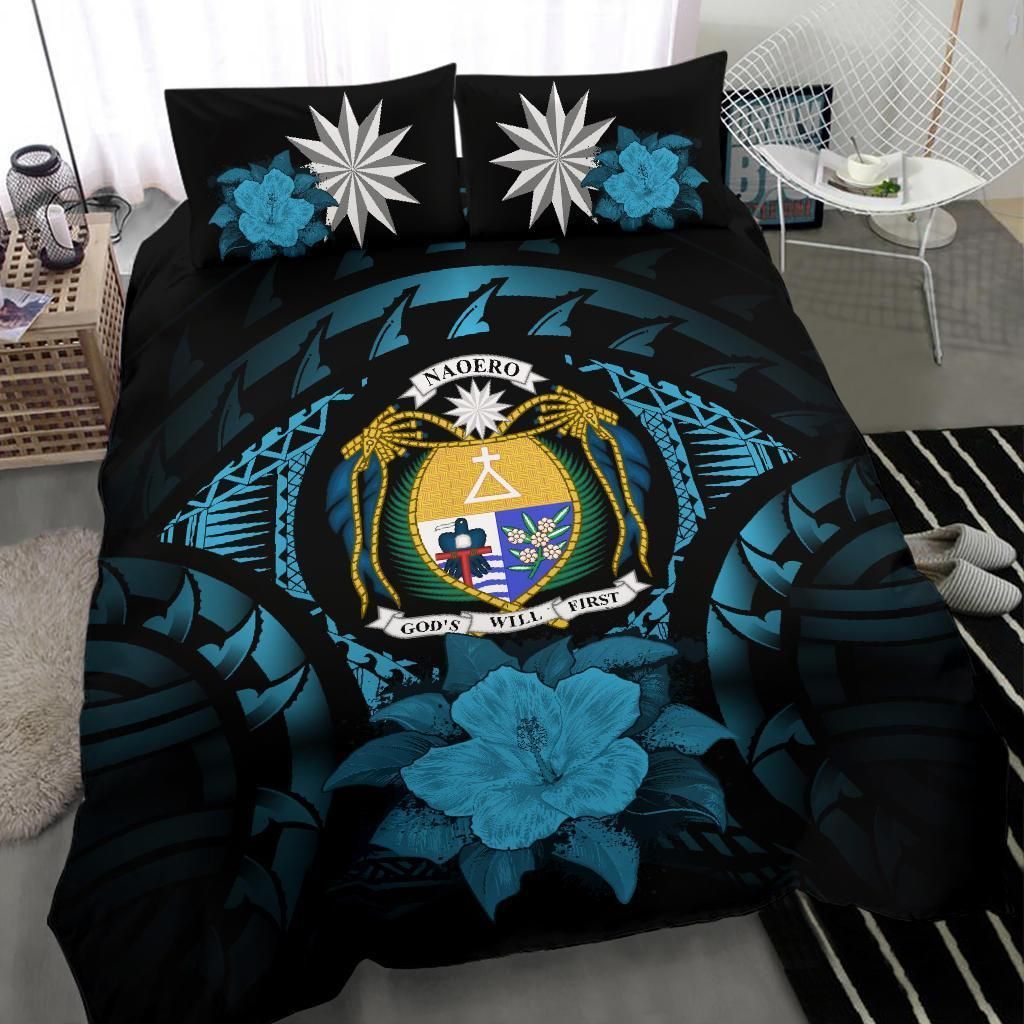 Nauru Duvet Cover Set - Nauru Coat Of Arms & Blue Hibiscus