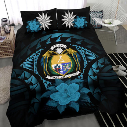 Nauru Duvet Cover Set - Nauru Coat Of Arms & Blue Hibiscus