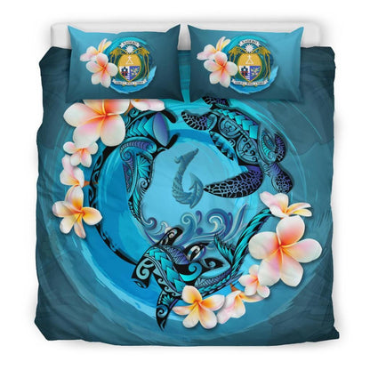 Polynesian Duvet Cover Set - Nauru Bedding Set Blue Plumeria Animal Tattoo