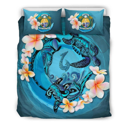 Polynesian Duvet Cover Set - Nauru Bedding Set Blue Plumeria Animal Tattoo