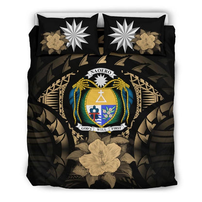 Nauru Duvet Cover Set - Nauru Coat Of Arms & Brown Hibiscus