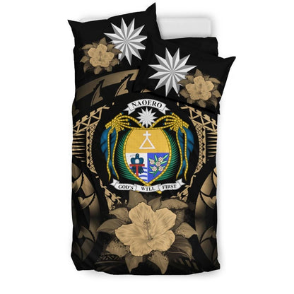Nauru Duvet Cover Set - Nauru Coat Of Arms & Brown Hibiscus