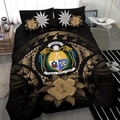 Nauru Duvet Cover Set - Nauru Coat Of Arms & Brown Hibiscus