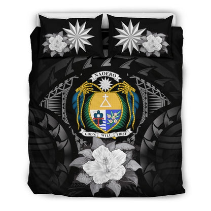 Nauru Duvet Cover Set - Nauru Coat Of Arms & Gray Hibiscus