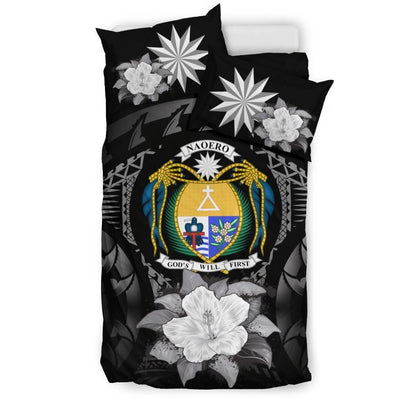 Nauru Duvet Cover Set - Nauru Coat Of Arms & Gray Hibiscus