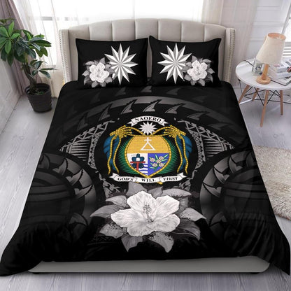 Nauru Duvet Cover Set - Nauru Coat Of Arms & Gray Hibiscus