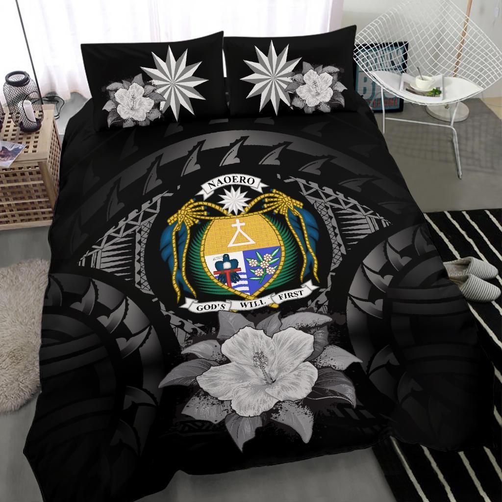 Nauru Duvet Cover Set - Nauru Coat Of Arms & Gray Hibiscus