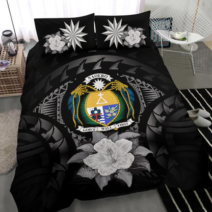 Nauru Duvet Cover Set - Nauru Coat Of Arms & Gray Hibiscus