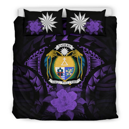 Nauru Duvet Cover Set - Nauru Coat Of Arms & Purple Hibiscus