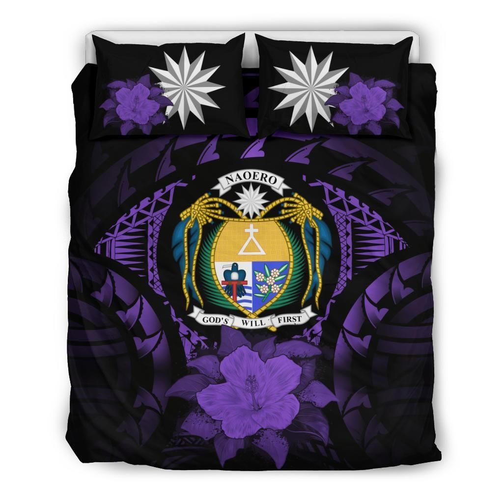 Nauru Duvet Cover Set - Nauru Coat Of Arms & Purple Hibiscus