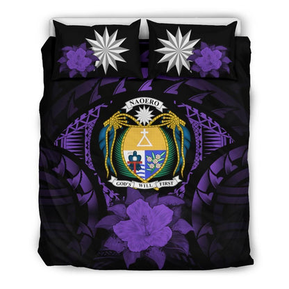 Nauru Duvet Cover Set - Nauru Coat Of Arms & Purple Hibiscus