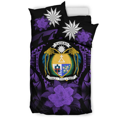 Nauru Duvet Cover Set - Nauru Coat Of Arms & Purple Hibiscus