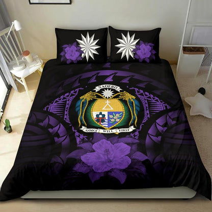 Nauru Duvet Cover Set - Nauru Coat Of Arms & Purple Hibiscus