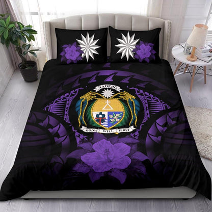 Nauru Duvet Cover Set - Nauru Coat Of Arms & Purple Hibiscus