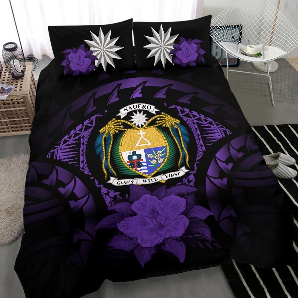 Nauru Duvet Cover Set - Nauru Coat Of Arms & Purple Hibiscus
