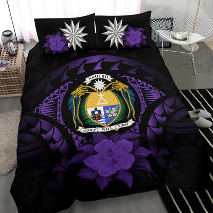 Nauru Duvet Cover Set - Nauru Coat Of Arms & Purple Hibiscus