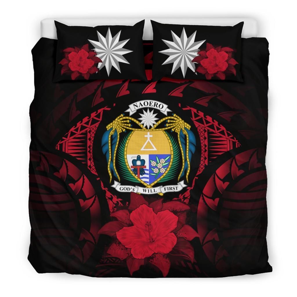 Nauru Duvet Cover Set - Nauru Coat Of Arms & Red Hibiscus