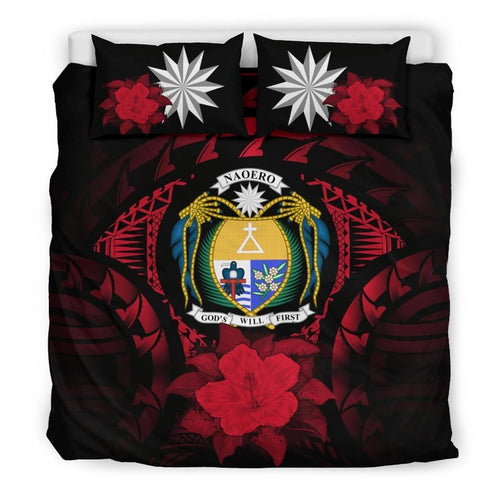 Nauru Duvet Cover Set - Nauru Coat Of Arms & Red Hibiscus