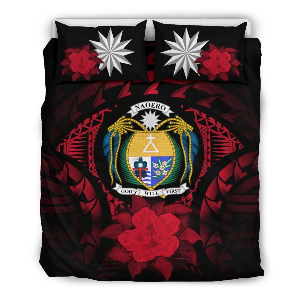 Nauru Duvet Cover Set - Nauru Coat Of Arms & Red Hibiscus