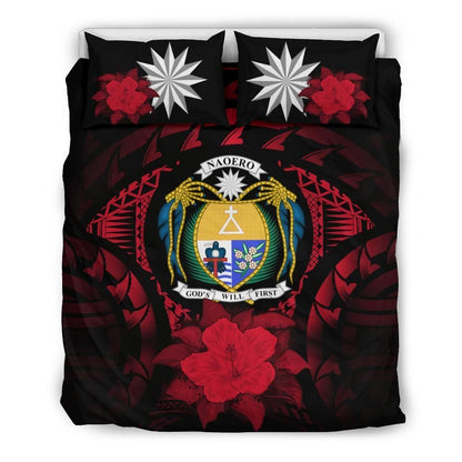 Nauru Duvet Cover Set - Nauru Coat Of Arms & Red Hibiscus