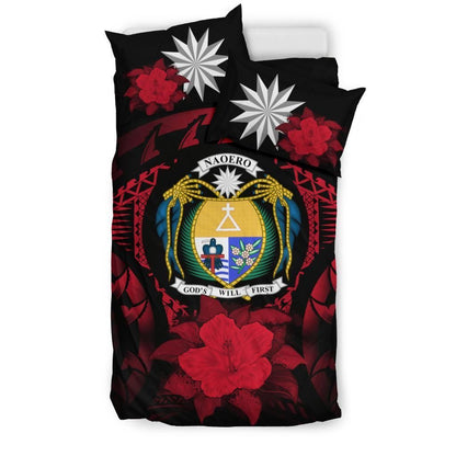 Nauru Duvet Cover Set - Nauru Coat Of Arms & Red Hibiscus