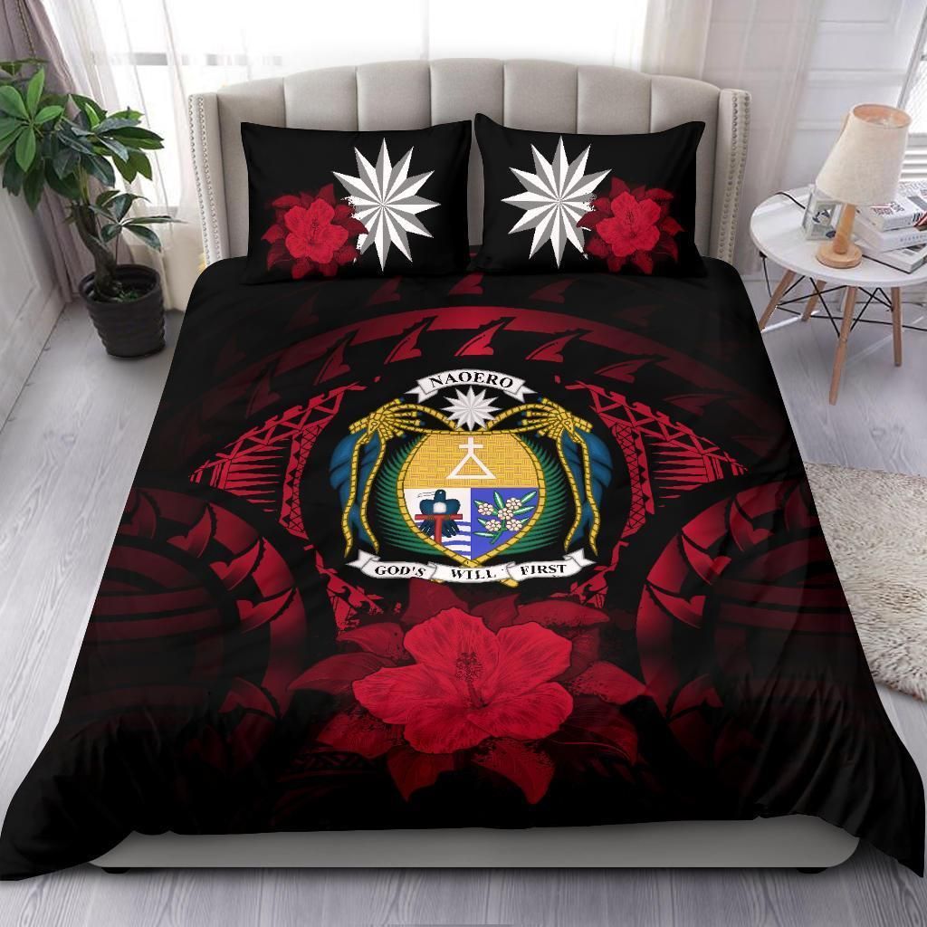 Nauru Duvet Cover Set - Nauru Coat Of Arms & Red Hibiscus