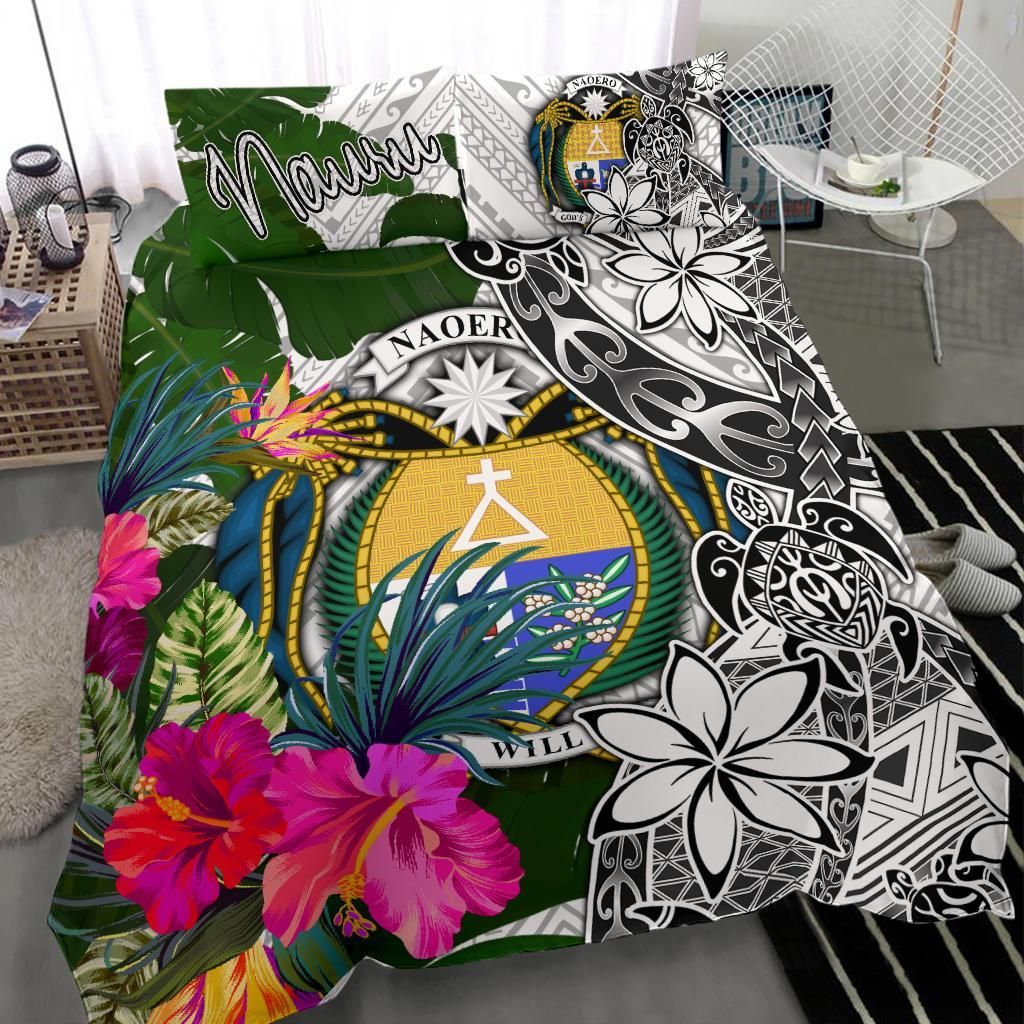 Nauru Bedding Set White - Turtle Plumeria Banana Leaf Crest
