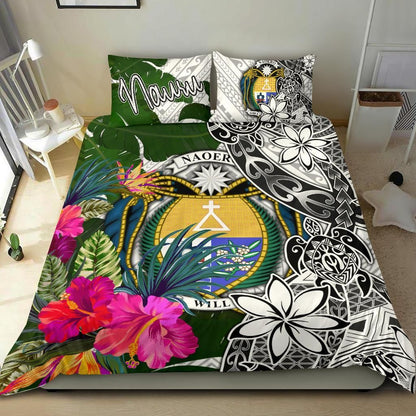 Nauru Bedding Set White - Turtle Plumeria Banana Leaf Crest