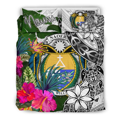 Nauru Bedding Set White - Turtle Plumeria Banana Leaf Crest