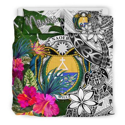 Nauru Bedding Set White - Turtle Plumeria Banana Leaf Crest